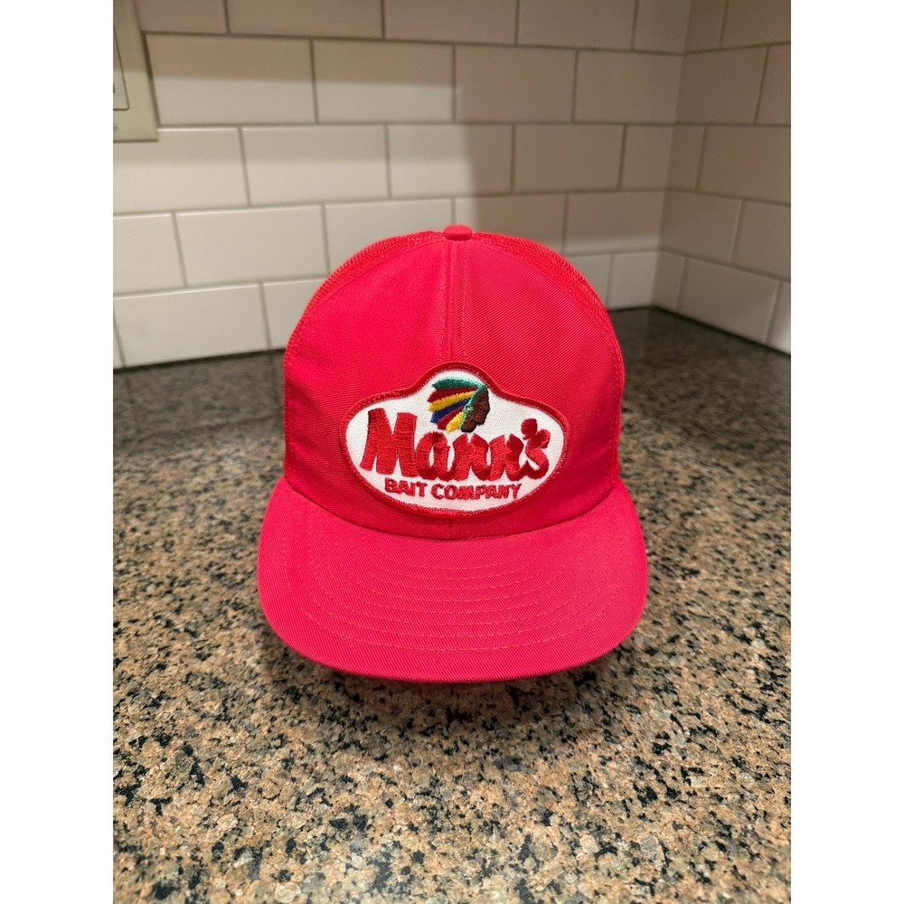 Vintage Mann's Bait Company Trucker Hat Snapback Red Made in USA